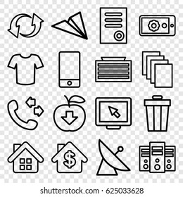 Internet icons set. set of 16 internet outline icons such as satellite, business center building, T-shirt, document, paper, call, phone, update, gear on display, trash bin