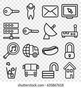 Internet icons set. set of 16 internet outline icons such as airport bus, key, opened lock, trash bin, hot dog, satellite, serach music, home, international delivery, lock