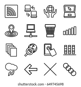 Internet icons set. set of 16 internet outline icons such as paper, trash bin, map location, holding globe, cancel, laptop, wi-fi, signal, thunderstorm, laptop connection