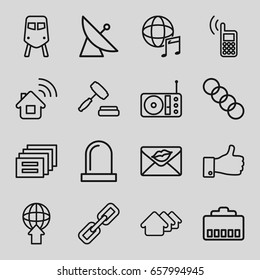 Internet icons set. set of 16 internet outline icons such as satellite, train, house, love letter, thumb up, radio, international music, auction, siren, phone, chain