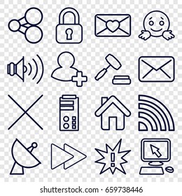 Internet icons set. set of 16 internet outline icons such as pointer on display, love letter, satellite, add friend, fast forward, cancel, volume, home, auction, confused emot
