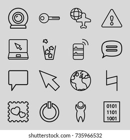 Internet icons set. set of 16 internet outline icons such as globe, trash bin, globe and plane, photo with heart, chat, laptop, pause, key, web camera, switch off, warning