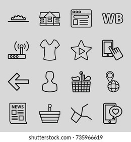 Internet icons set. set of 16 internet outline icons such as house, shirt, finger on display, pin on globe, phone with heart, browser, favorite music, camera wheel, wb, router