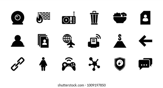 Internet icons. set of 18 editable filled internet icons: resume, user, woman, message, health insurance, radio, brick wall fire, back, food, web camera, dollar, printer