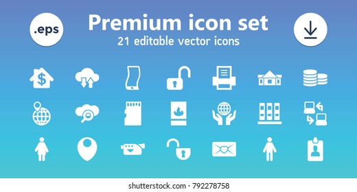 Internet icons. set of 21 editable filled internet icons includes binder, man, woman, open lock, love letter, camera, search cloud, clipboard, memory card, fire protection
