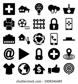 Internet icons. set of 25 editable filled internet icons such as map location, plus, lock, cloud download upload, planet, thumb up, music pause, play, network connection