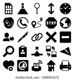 Internet icons. set of 25 editable filled internet icons such as call, printer, minus, paper plane, distance, add favorite, resume, search, clock, planet, magnifier, cancel