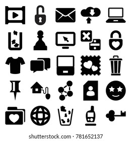 Internet icons. set of 25 editable filled internet icons such as trash bin, t-shirt, pin, resume, happe emoji with star eyes, laptop, photo with heart, folder with heart