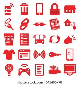 Internet icons set. set of 25 internet filled icons such as airport bus, document, key, t-shirt, lock, trash bin, display, update, browser, mobile phone music, documents box