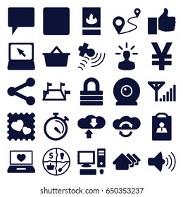 Internet icons set. set of 25 internet filled icons such as house, lock, distance, stopwatch, laptop with heart, photo with heart, satellite, volume, chat, laptop, stop