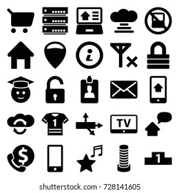 Internet icons set. set of 25 internet filled icons such as no laptop, tv, house building, opened lock, business center building, lock, graduate emoji, favorite music