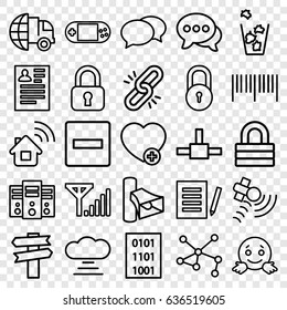 Internet icons set. set of 25 internet outline icons such as lock, chat, resume, trash bin, connection, add favorite, satellite, volume, portable console, binary code