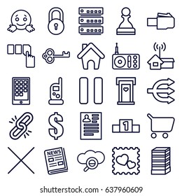 Internet icons set. set of 25 internet outline icons such as lock, door with heart, business center building, baby monitor phone, push button, resume, photo with heart, radio