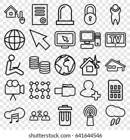 Internet icons set. set of 25 internet outline icons such as tv, lock, clean house, document, signal, camera, add friend, music cloud, pc, bin, house building, smart home