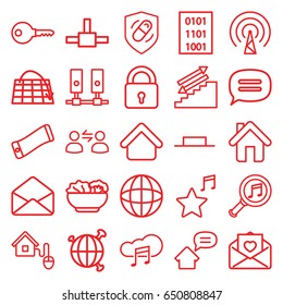 Internet icons set. set of 25 internet outline icons such as house building, lock, love letter, envelope, health insurance, music pause, favorite music, chat, home, food