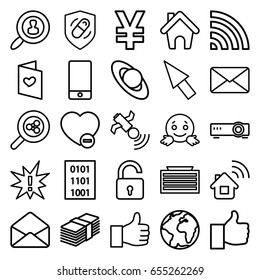 Internet icons set. set of 25 internet outline icons such as business center building, opened lock, minus favorite, love letter, phone, wi-fi, satellite, envelope