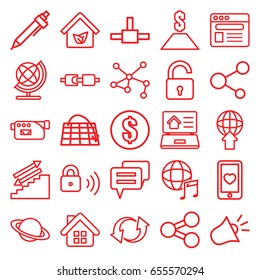 Internet icons set. set of 25 internet outline icons such as opened lock, globe, pen, connection, heart mobile, camera, share, update, browser, international music