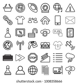 Internet icons. set of 36 editable outline internet icons such as signal tower, no laptop, house, spa bag, opened lock, shopping basket, display, user, stairs, planet