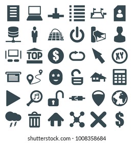 Internet icons. set of 36 editable filled internet icons such as money, dollar, resume, location, user, calculator, open lock, share, xy, distance, locations, document, planet