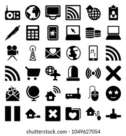 Internet icons. set of 36 editable filled internet icons such as signal tower, pen, shopping cart, cancel, globe, happe emoji with star eyes, calculator, home connection