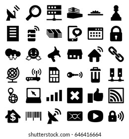 Internet icons set. set of 36 internet filled icons such as lock, globe, confused emot, pin on globe, love letter, phone with heart, volume, laptop, documents box, wi-fi