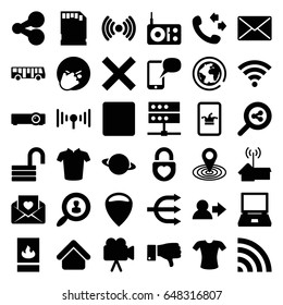Internet icons set. set of 36 internet filled icons such as airport bus, house building, poker on phone, t-shirt, call, opened lock, map location, facepalm emot, love letter