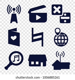 Internet icons. set of 9 editable filled internet icons such as love letter, pause, serach music, house building, home signal, play, cancel, transmitter