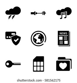 internet icons set. Set of 9 internet filled icons such as thunder, folder with heart, news, music cloud, key, electric circuit, memory card, planet