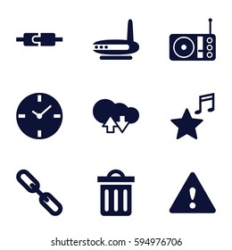 internet icons set. Set of 9 internet filled icons such as chain, radio, favorite music, delete trash bin, warning, clock, cloud download upload, router