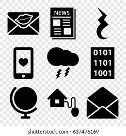 Internet icons set. set of 9 internet filled icons such as heart mobile, love letter, news, envelope, pause, smart home, thunderstorm, binary code