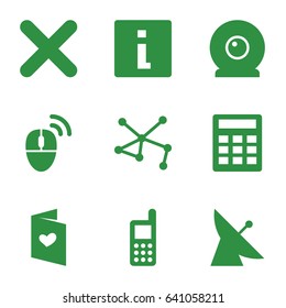 Internet icons set. set of 9 internet filled icons such as satellite, phone, connection, love letter, cancel, web camera, computer mouse, info