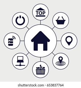 Internet icons set. set of 9 internet filled icons such as house building, map location, top of cargo box, switch off, server, shopping bag, shopping basket