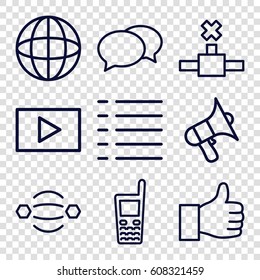 Internet icons set. set of 9 internet outline icons such as chat, volume, old phone, menu, play, thumbs up, atom interaction, globe
