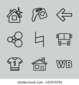 Internet icons set. set of 9 internet outline icons such as airport bus, house building, clean house, heart key, pause, WB, share, back