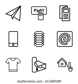 Internet icons set. set of 9 internet outline icons such as paper airplane, Finger pressing play button, news, volume, phone, at email, smart home, t-shirt