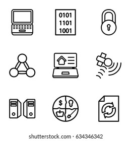 Internet icons set. set of 9 internet outline icons such as lock, reload, satellite, real estate on laptop, binary code, server, network connection, laptop