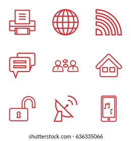 Internet icons set. set of 9 internet outline icons such as opened lock, mobile phone music, home, printer, satellite, chat, signal, globe