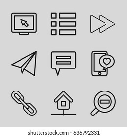 Internet icons set. set of 9 internet outline icons such as paper airplane, phone with heart, fast forward, zoom out, home, display, menu, link