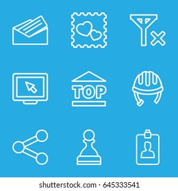 Internet icons set. set of 9 internet outline icons such as helmet, top of cargo box, photo with heart, clipboard, letter, no signal, display, pawn
