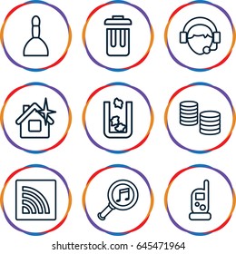 Internet icons set. set of 9 internet outline icons such as trash bin, baby monitor phone, spa bag, clean house, operator, serach music, wi-fi, bin