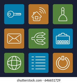 Internet icons set. set of 9 internet outline icons such as spa bag, menu, key, switch off, globe, home connection, phone cable, mail