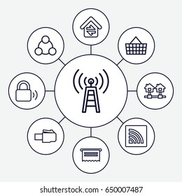 Internet icons set. set of 9 internet outline icons such as wi-fi, home connection, connection, lock, document, transmitter, phone cable, home