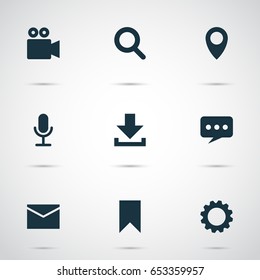 Internet Icons Set. Collection Of Camcorder, Magnifier, Pin And Other Elements. Also Includes Symbols Such As Envelope, Arrow, Cogwheel.