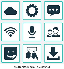 Internet Icons Set. Collection Of Chat, Overcast, Down Arrow And Other Elements. Also Includes Symbols Such As Partnership, Wireless, Technology.