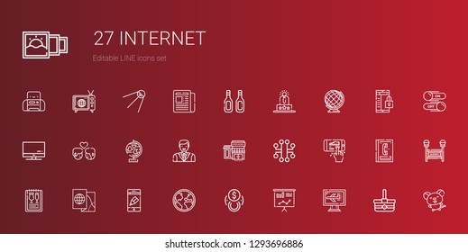 internet icons set. Collection of internet with computer, statistics, exchange, globe, app, map, menu, smartphone, electronic, supermarkets. Editable and scalable internet icons.