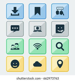 Internet Icons Set. Collection Of Conversation, Wireless Connection, Laptop And Other Elements. Also Includes Symbols Such As Search, Pin, Partnership.