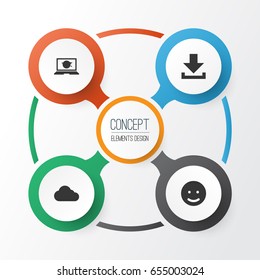 Internet Icons Set. Collection Of Down Arrow, Overcast, Laptop And Other Elements. Also Includes Symbols Such As Smile, Arrow, Web.