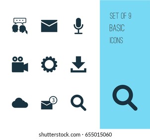 Internet Icons Set. Collection Of Down Arrow, Video Chat, Gear And Other Elements. Also Includes Symbols Such As Gear, Overcast, Message.