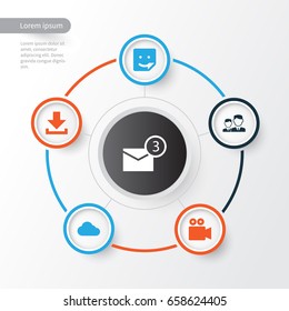 Internet Icons Set. Collection Of Down Arrow, Inbox, Chat And Other Elements. Also Includes Symbols Such As Clouded, Camcorder, Chat.