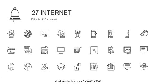 internet icons set. Collection of internet with email, online shop, lock, layer, placeholder, wifi, console, street map, dice, trolley, computer. Editable and scalable internet icons.